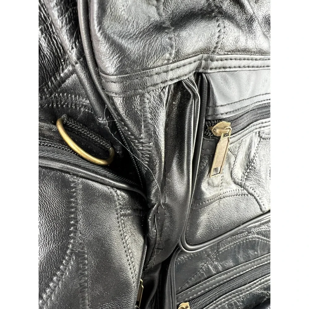 Vintage 90s Genuine Leather Patchwork Rolling Backpack Black Wheeled Travel Bag